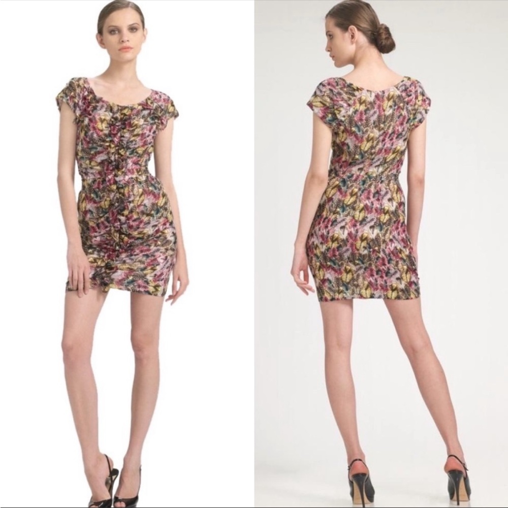 Anthropologie liefsdottir 100% Silk Feather Print Ruched Mini Dress, size 4